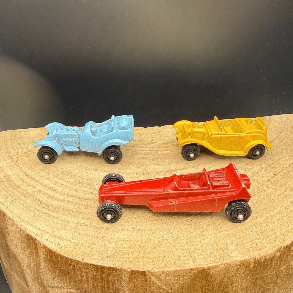 Vintage TootsieToy Diecast Metal Car Lot Yellow Roadster Red Racer Blue USA 3pc